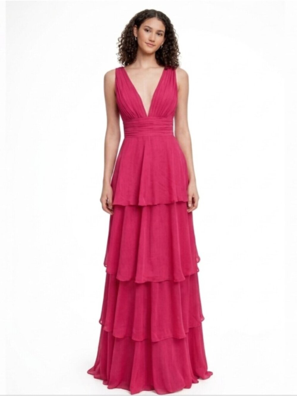 Fuchsia Pink Plunging V-Neck Tiered Chiffon Maxi Gown Sleeveless Formal Dress
